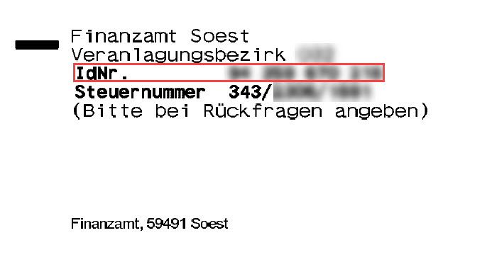 Ausschnitt eines Einkommensteuerbescheides, auf dem die steuerliche Identifikationsnummer oben rechts zu sehen ist.
