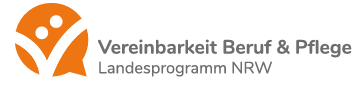 Es wird ein orangenes rundes Logo mit einem weißen Haken und zwei Punkten abgebildet. Daneben steht der Text "Vereinbarkeit Beruf & Pflege Landesprogramm NRW"  