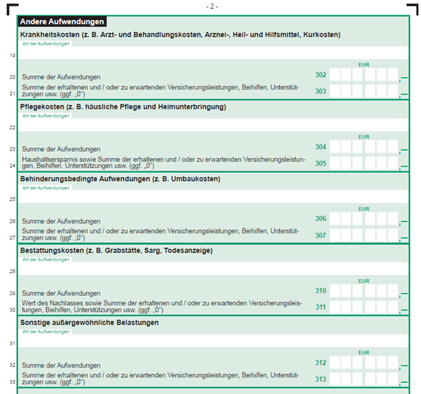 Vordruckausschnitt Zeile 19 ff. Außergewöhnliche Belastungen