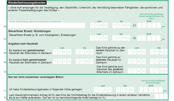 Einkommensteuervordruck Zeile 66 ff. Kinderbetreuungskosten