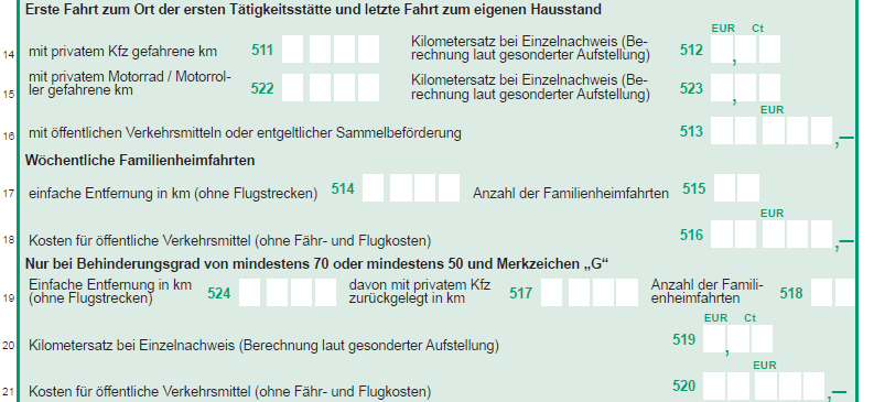 Vordruckausschnitt Zeile 14 - 21 Fahrtkosten bei doppelter Haushaltsführung