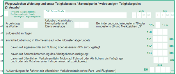 Vordruckausschnitt Wege zwischen Wohnung und erster Tätigkeitsstätte Zeile 46 ff.