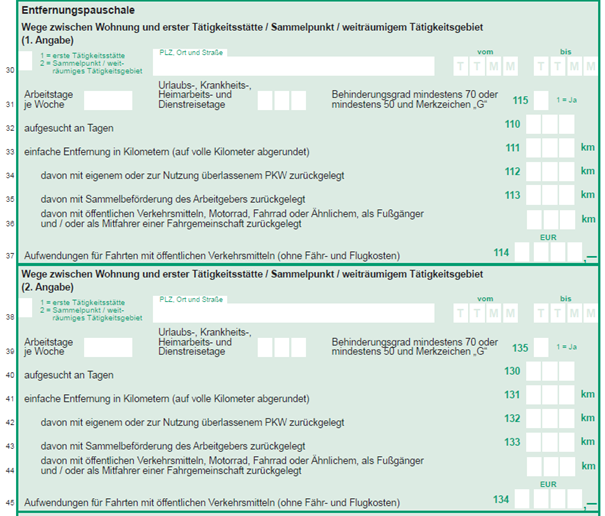 Vordruckausschnitt Entfernungspauschale Zeile 30 ff.