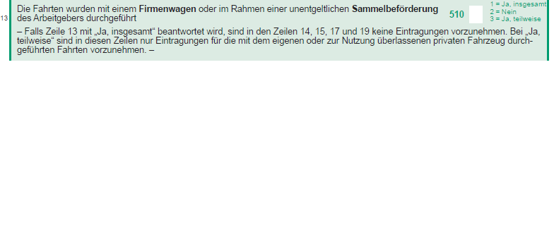 Vordruckausschnitt Zeile 13 Firmenwagen bei Familienheimfahrt