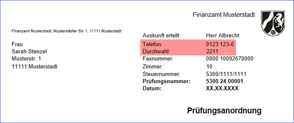 Briefopfausschnitt zur Prüfunganordnung mit Adresse, Telefonnummer, Steuernummer und Prüfungsnummer