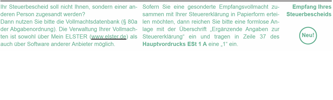 Vordruckausschnitt aus der Anleitung zum Hauptvordruck ESt 1 A: Empfang Ihres Steuerbescheides