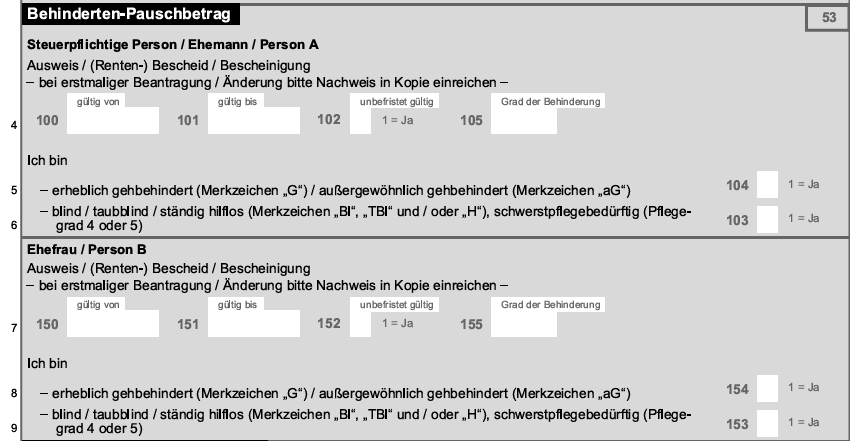 Auszug Steuererklärung Zeile 4 ff. Eintragungsmöglichkeit Behinderten-Pauschbetrag