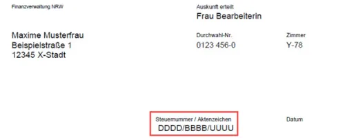 Ausschnitt aus einem Schreiben vom Finanzamt, auf dem die Steuernummer zu sehen ist.