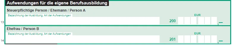 Vordruckausschnitt Zeile 13 und 14 Aufwendungen für die eigene Berufsausbildung