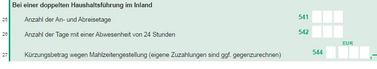 Vordruckausschnitt Zeile 25 bis 27 Verpflegung bei doppelter Haushaltsführung