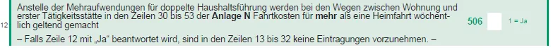 Vordruckausschnitt Zeile 12 Heimfahrt bei doppelter Haushaltsführung