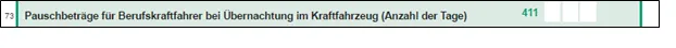 Vordruckausschnitt Zeile 73 Pauschbeträge für Berufskraftfahrer bei Übernachtung im Kraftfahrzeug