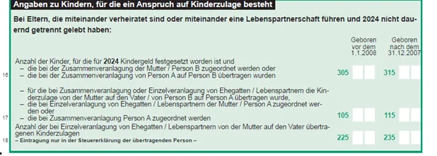 Auszug aus der Anlage AV zu den Angaben zu Kindern für das Jahr 2024 Zeile 16-18