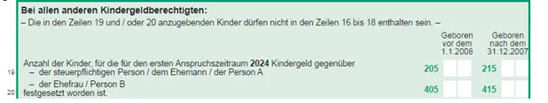 Auszug aus der Anlage AV bei allen anderen Kindergeldberechtigten 2024 Zeile 19 und 20