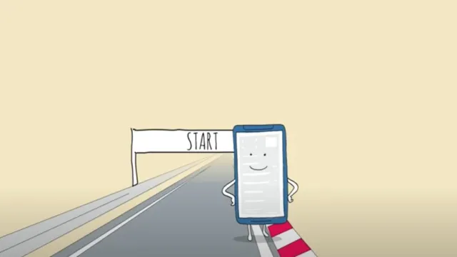 Fin (animierte Figur) am Start einer Rennstrecke