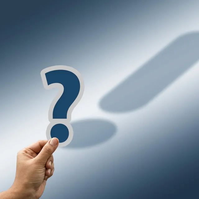 Stimmungsbild zu den FAQs: Ein Fragezeichen wirft als Schatten ein Ausrufezeichen.