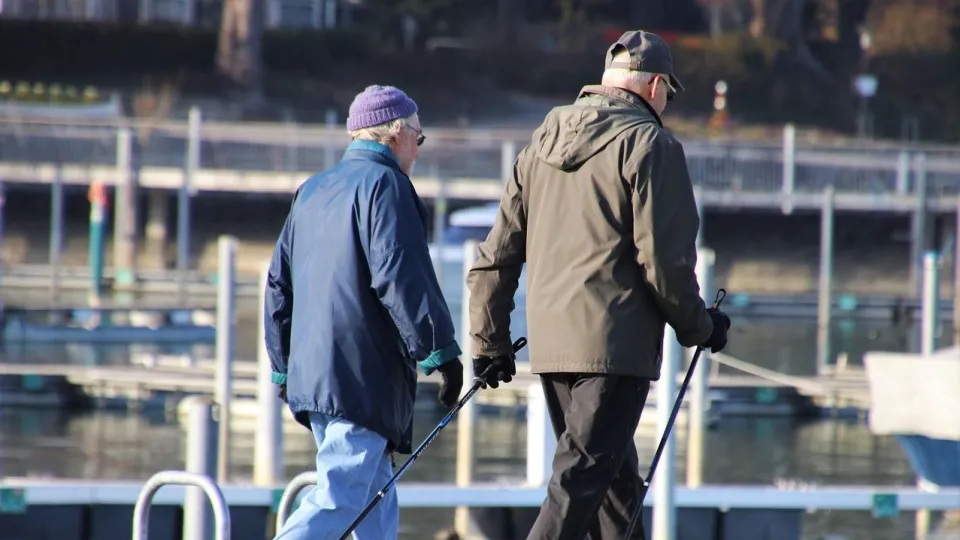 Stimmungsbild zum Beitrag: Es werden zwei ältere Personen abgebildet, die am Hafen spazieren gehen.